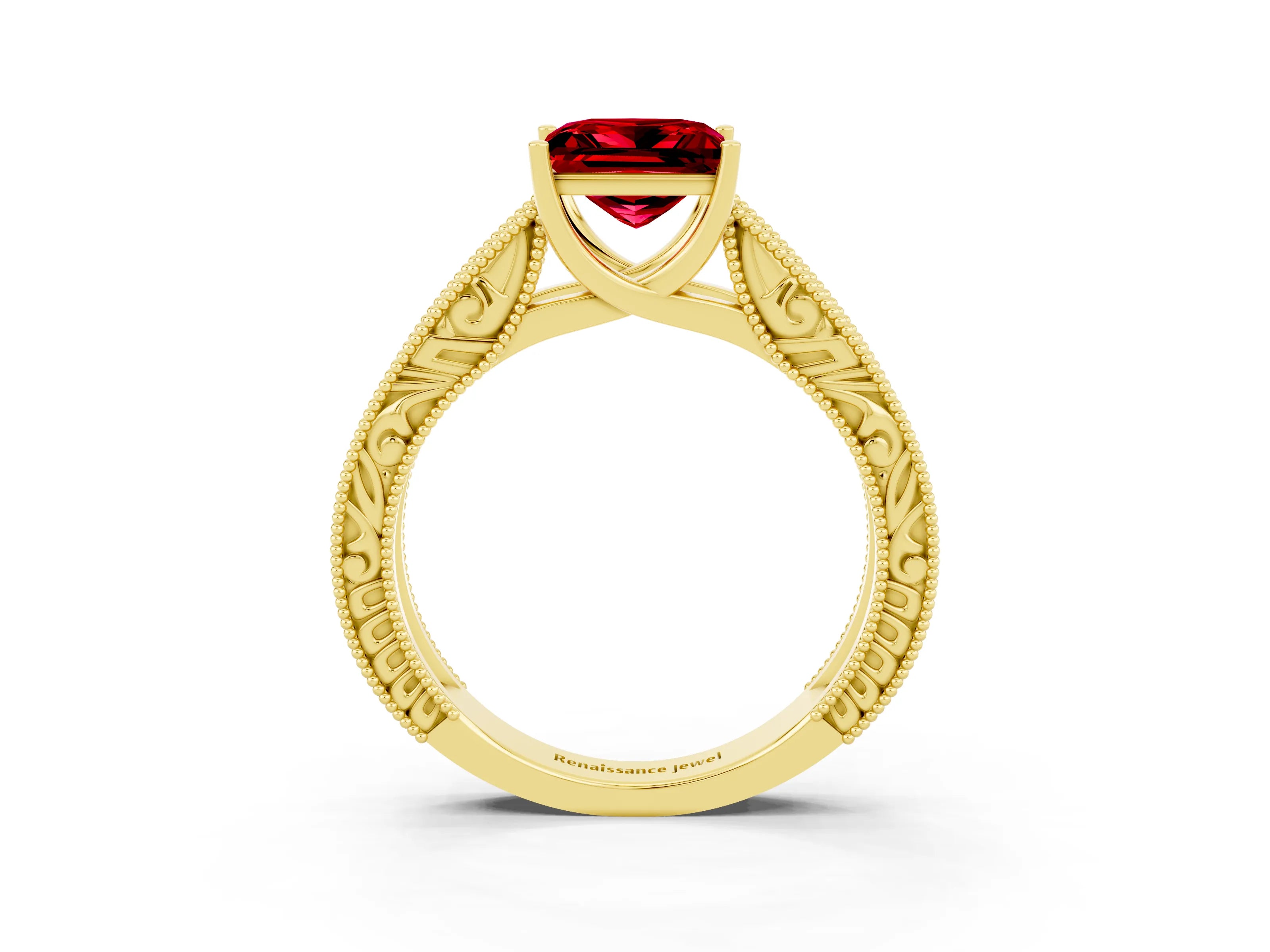 Yellow gold Princess Cut Ruby Solitaire Ring with Engraved Band and Four-Prong Setting_3