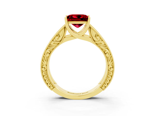 Yellow gold Princess Cut Ruby Solitaire Ring with Engraved Band and Four-Prong Setting