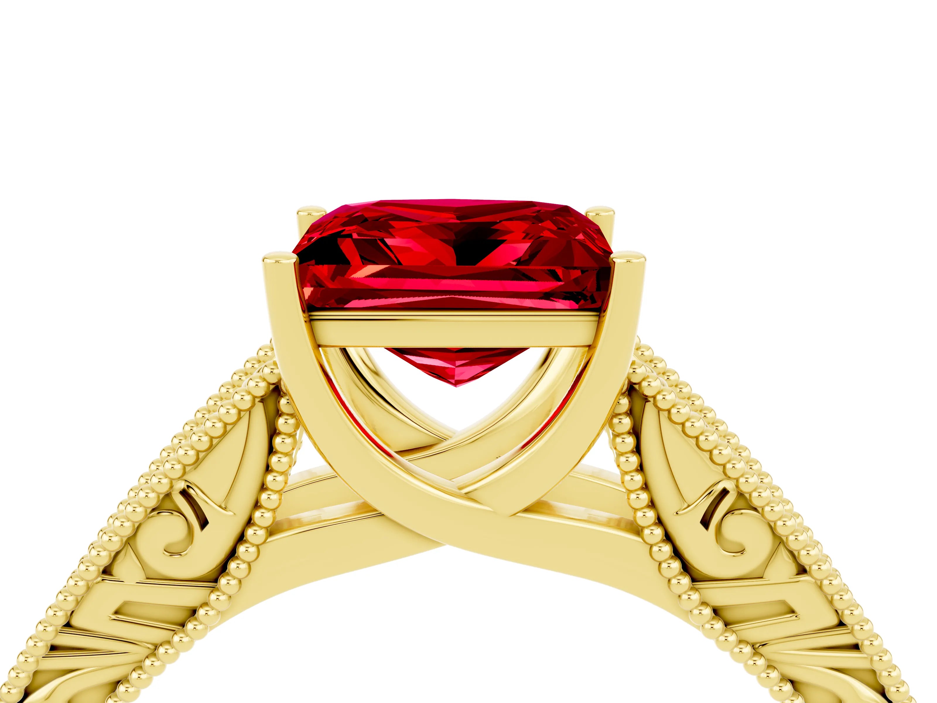 Yellow gold Princess Cut Ruby Solitaire Ring with Engraved Band and Four-Prong Setting_4