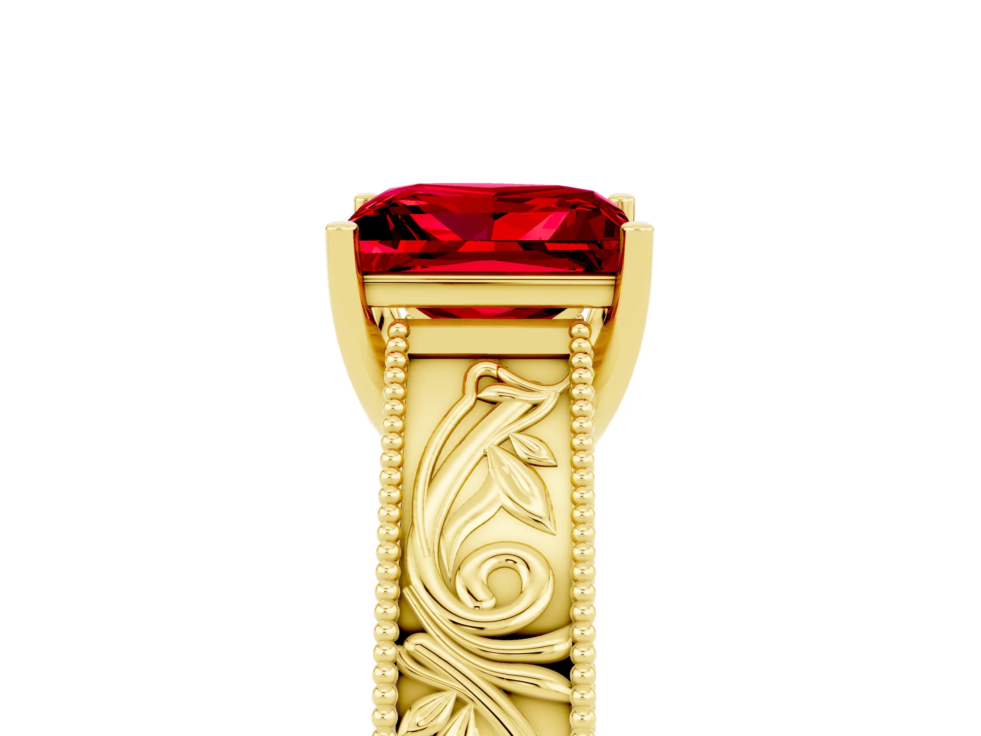 Yellow gold Princess Cut Ruby Solitaire Ring with Engraved Band and Four-Prong Setting_5