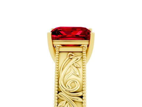 Yellow gold Princess Cut Ruby Solitaire Ring with Engraved Band and Four-Prong Setting_5