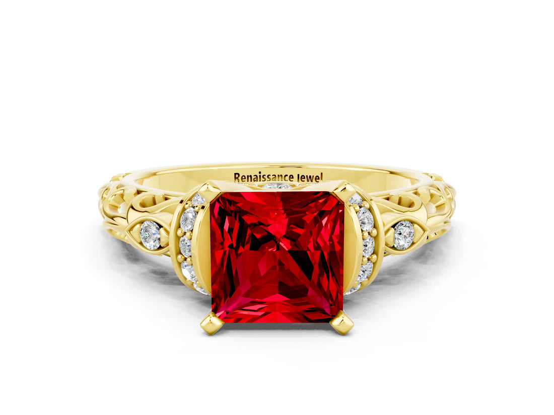 Yellow gold Princess Cut Ruby Solitaire Ring with Filigree Band and Four-Prong Setting_36
