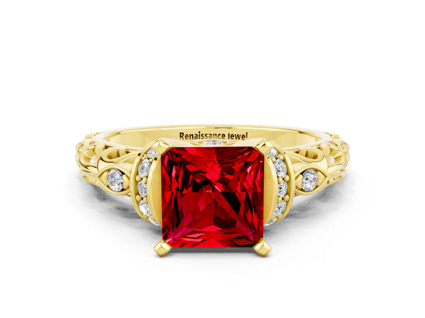 Yellow gold Princess Cut Ruby Solitaire Ring with Filigree Band and Four-Prong Setting