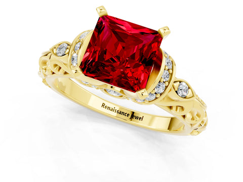 Yellow gold Princess Cut Ruby Solitaire Ring with Filigree Band and Four-Prong Setting_37