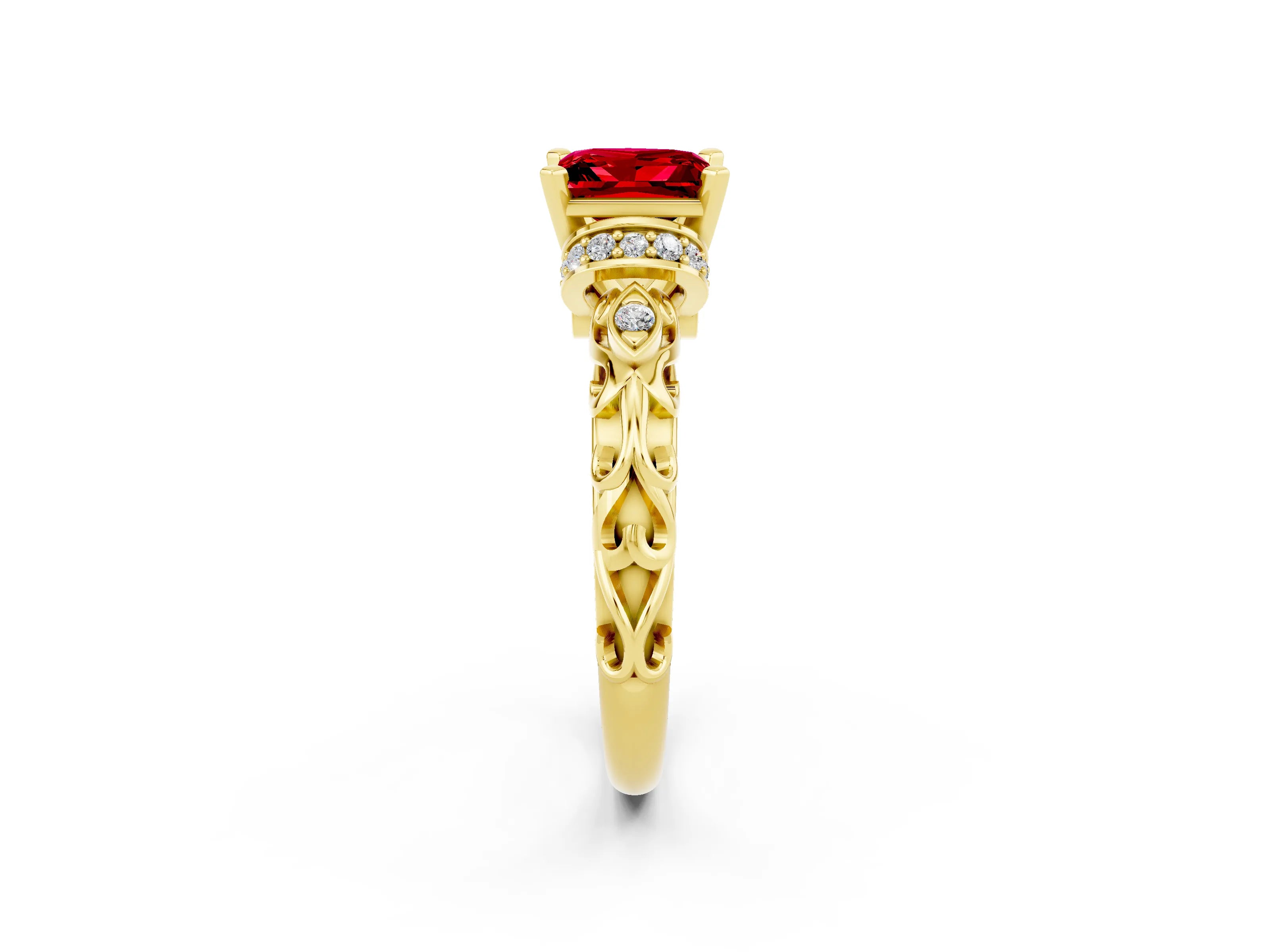 Yellow gold Princess Cut Ruby Solitaire Ring with Filigree Band and Four-Prong Setting_38
