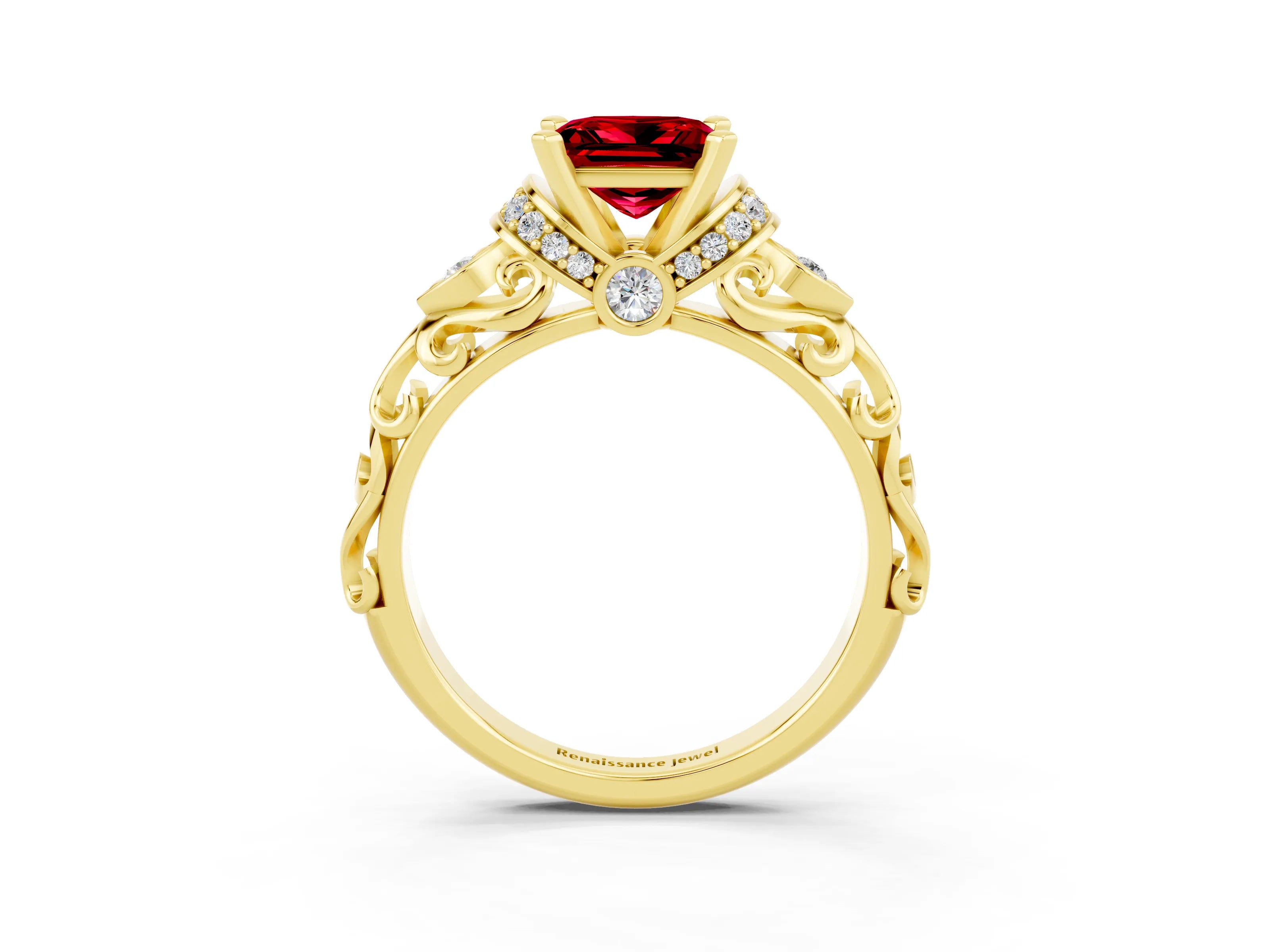 Yellow gold Princess Cut Ruby Solitaire Ring with Filigree Band and Four-Prong Setting_39