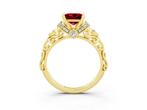 Yellow gold Princess Cut Ruby Solitaire Ring with Filigree Band and Four-Prong Setting_39
