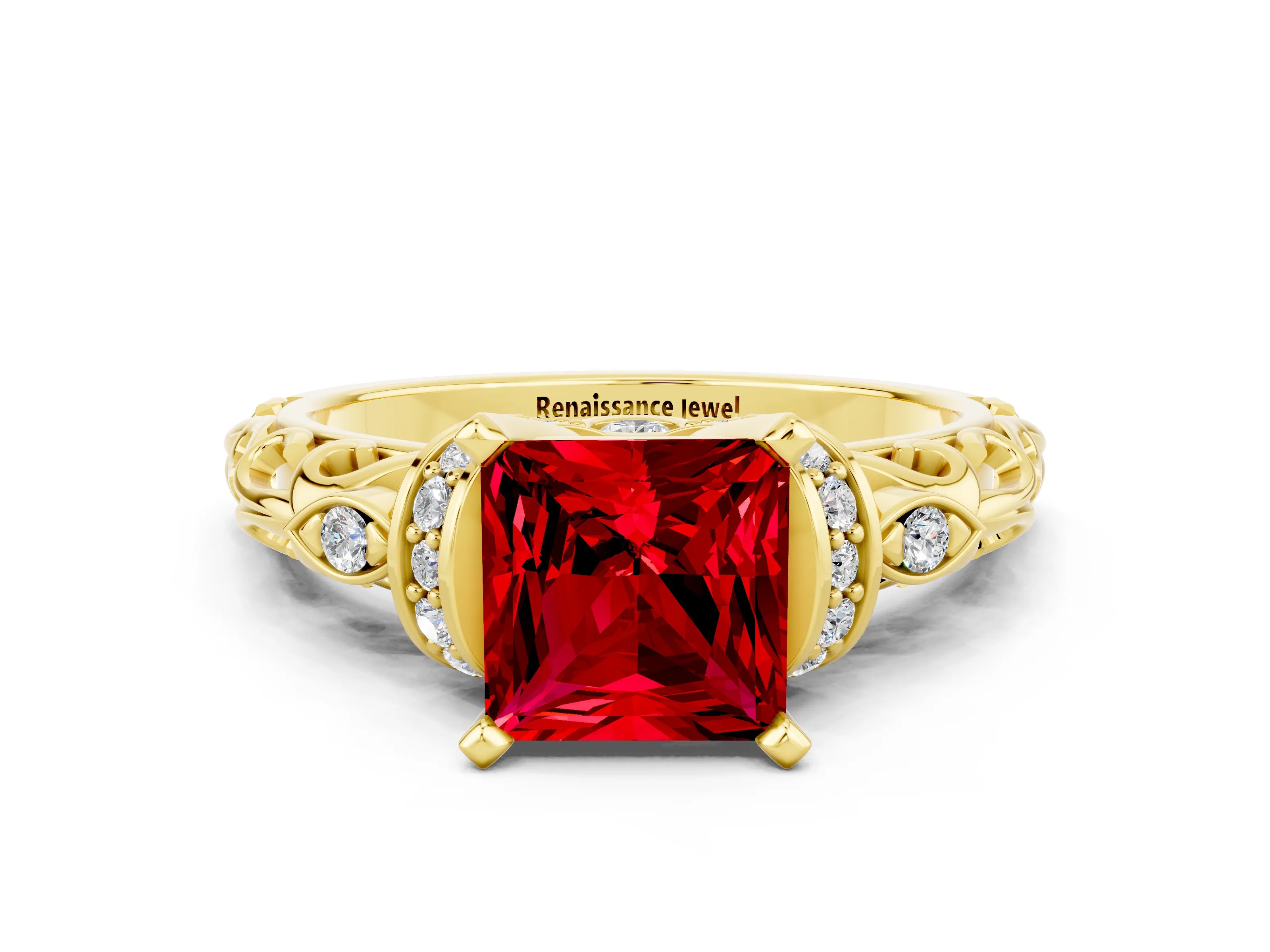 Yellow gold Princess Cut Ruby Solitaire Ring with Filigree Band and Four-Prong Setting_48