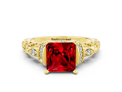 Yellow gold Princess Cut Ruby Solitaire Ring with Filigree Band and Four-Prong Setting_48