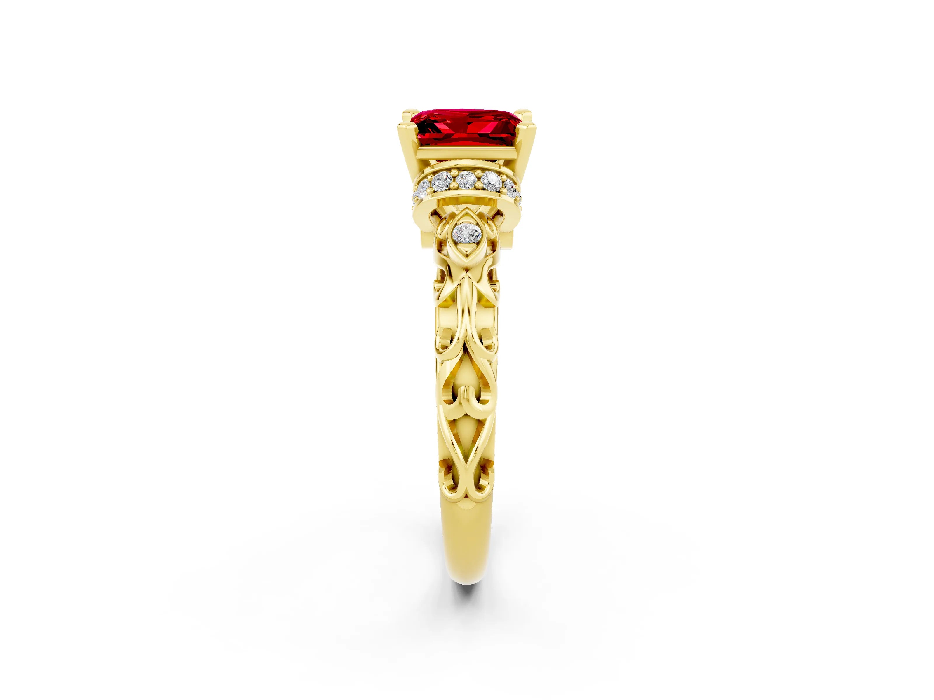 Yellow gold Princess Cut Ruby Solitaire Ring with Filigree Band and Four-Prong Setting_50