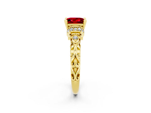 Yellow gold Princess Cut Ruby Solitaire Ring with Filigree Band and Four-Prong Setting_50