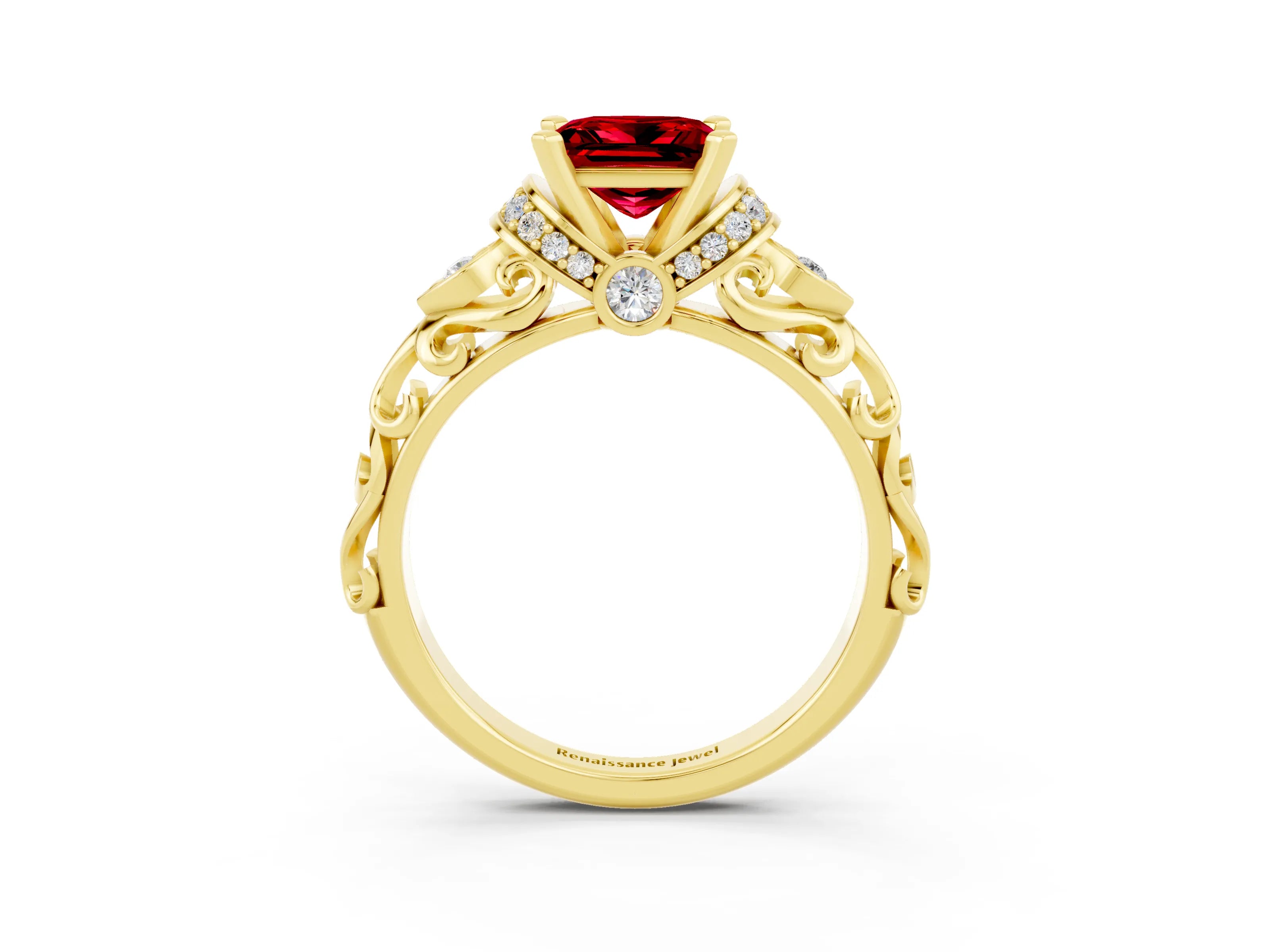 Yellow gold Princess Cut Ruby Solitaire Ring with Filigree Band and Four-Prong Setting_51
