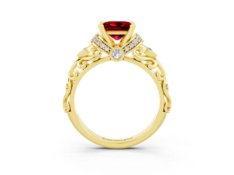 Yellow gold Princess Cut Ruby Solitaire Ring with Filigree Band and Four-Prong Setting_51