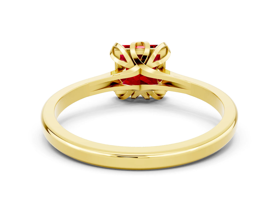 Yellow gold Princess Cut Ruby Solitaire Ring with Flower Prong Setting and Classic Band_12