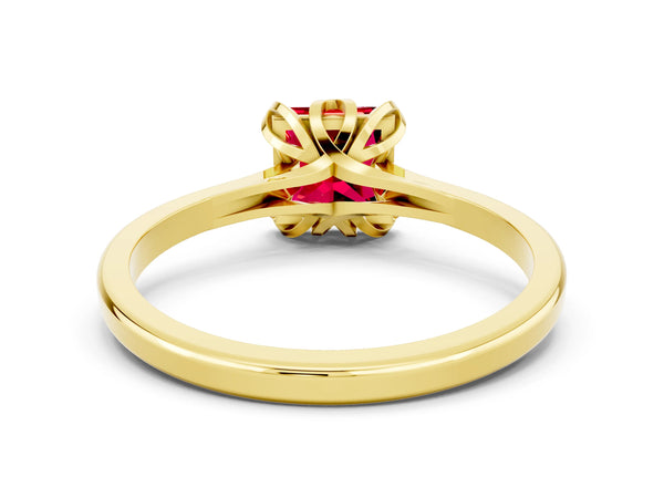 Yellow gold Princess Cut Ruby Solitaire Ring with Flower Prong Setting and Classic Band