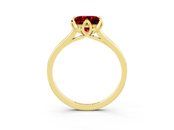 Yellow gold Princess Cut Ruby Solitaire Ring with Flower Prong Setting and Classic Band