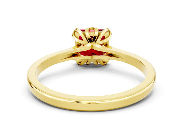 Yellow gold Princess Cut Ruby Solitaire Ring with Flower Prong Setting and Classic Band