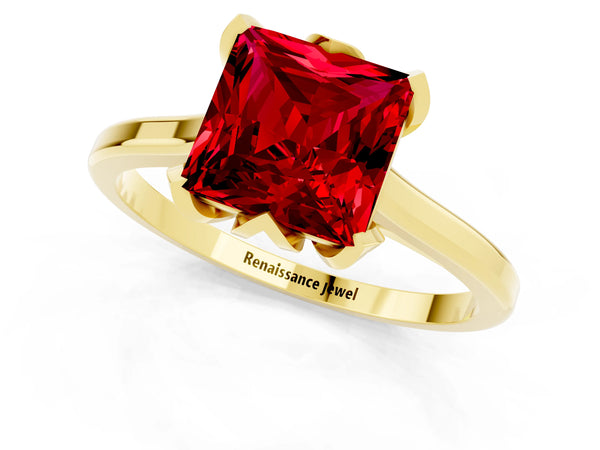 Yellow gold Princess Cut Ruby Solitaire Ring with Flower Prong Setting and Classic Band