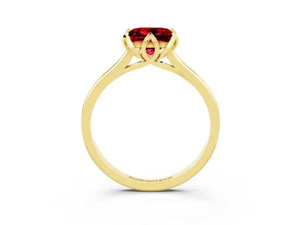 Yellow gold Princess Cut Ruby Solitaire Ring with Flower Prong Setting and Classic Band