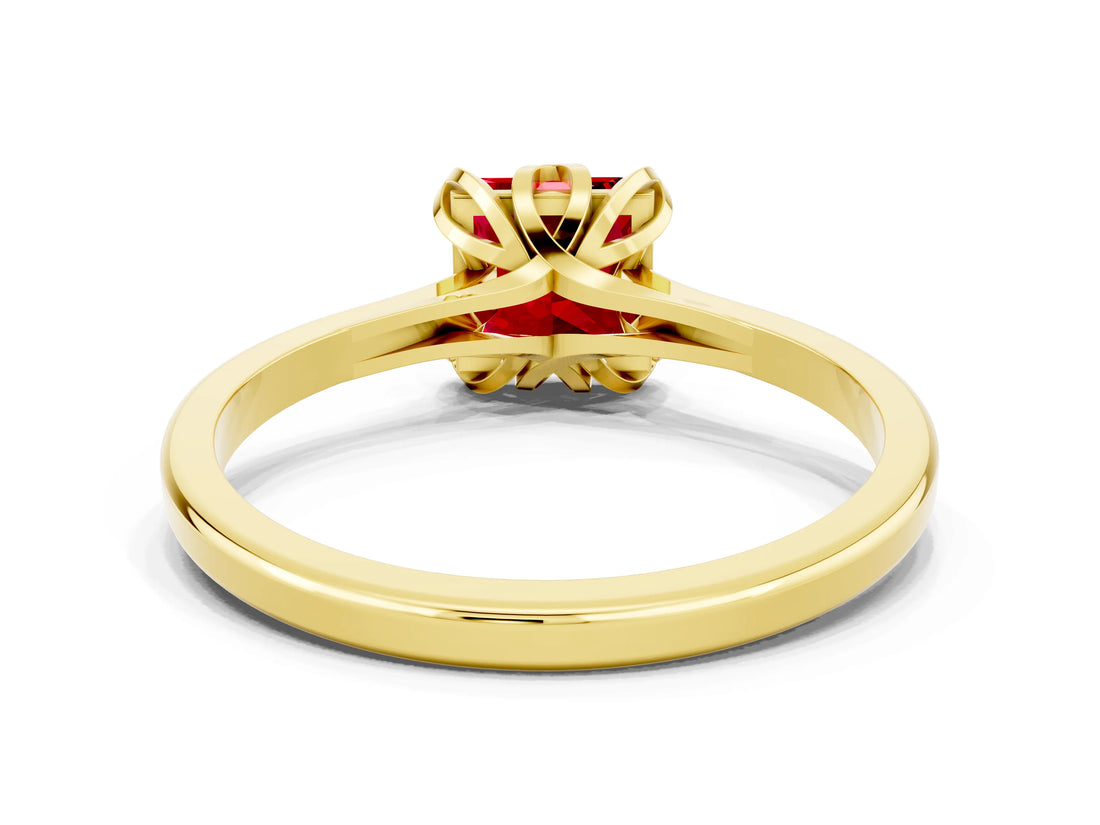 Yellow gold Princess Cut Ruby Solitaire Ring with Flower Prong Setting and Classic Band_37