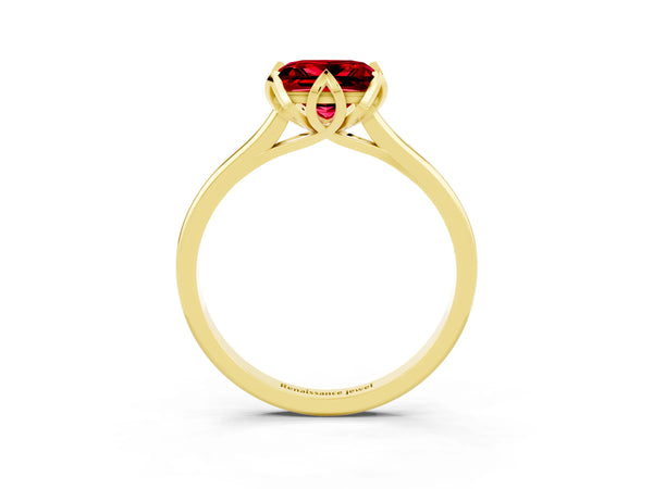 Yellow Gold Princess Cut Lab-Grown Ruby Floral Solitaire Engagement Ring with Plain Band