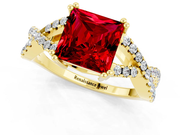 Yellow gold Princess Cut Ruby Solitaire Ring with Four-Prong Setting and Twisted Pavé Band