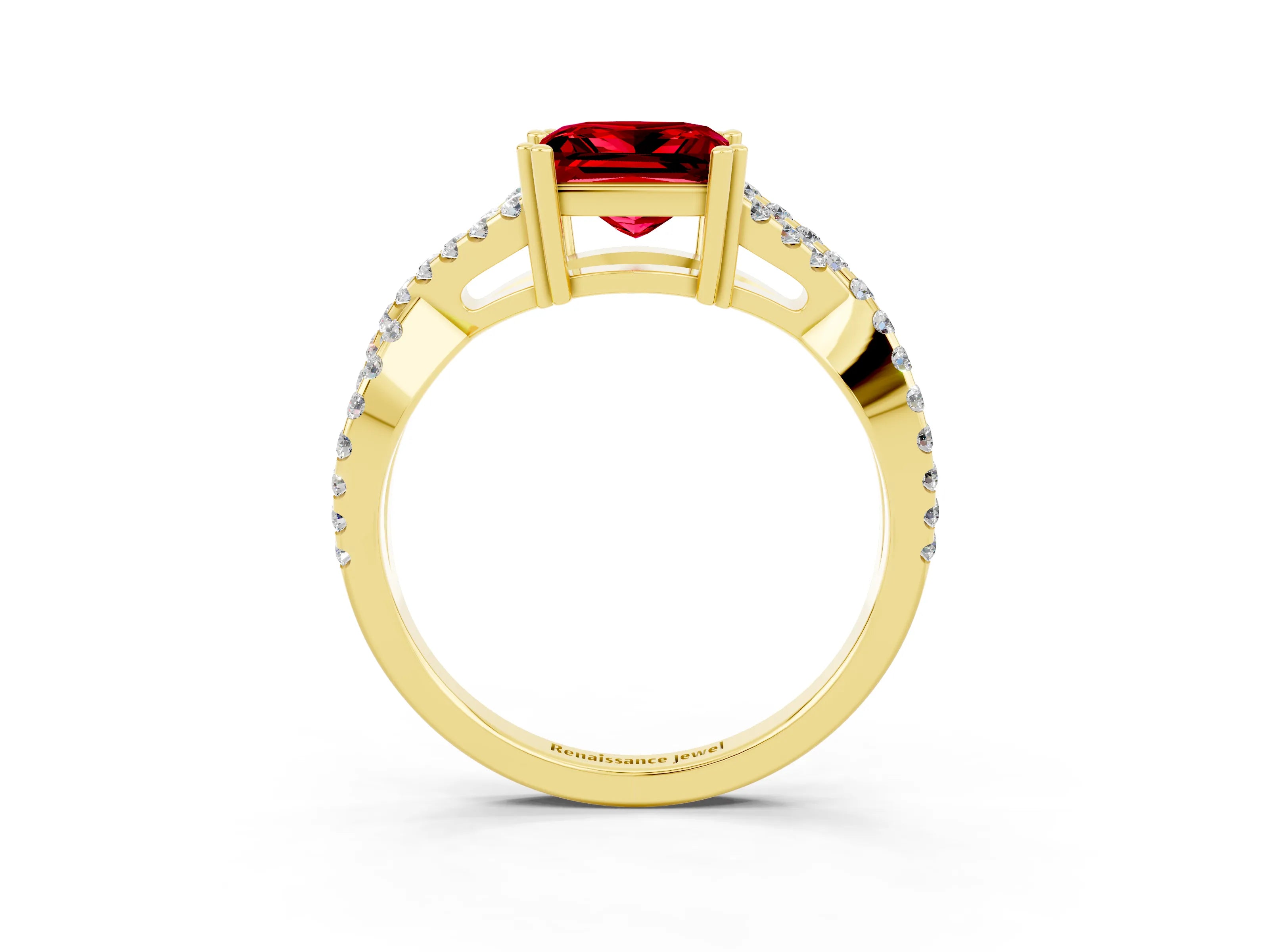 Yellow gold Princess Cut Ruby Solitaire Ring with Four-Prong Setting and Twisted Pavé Band_3