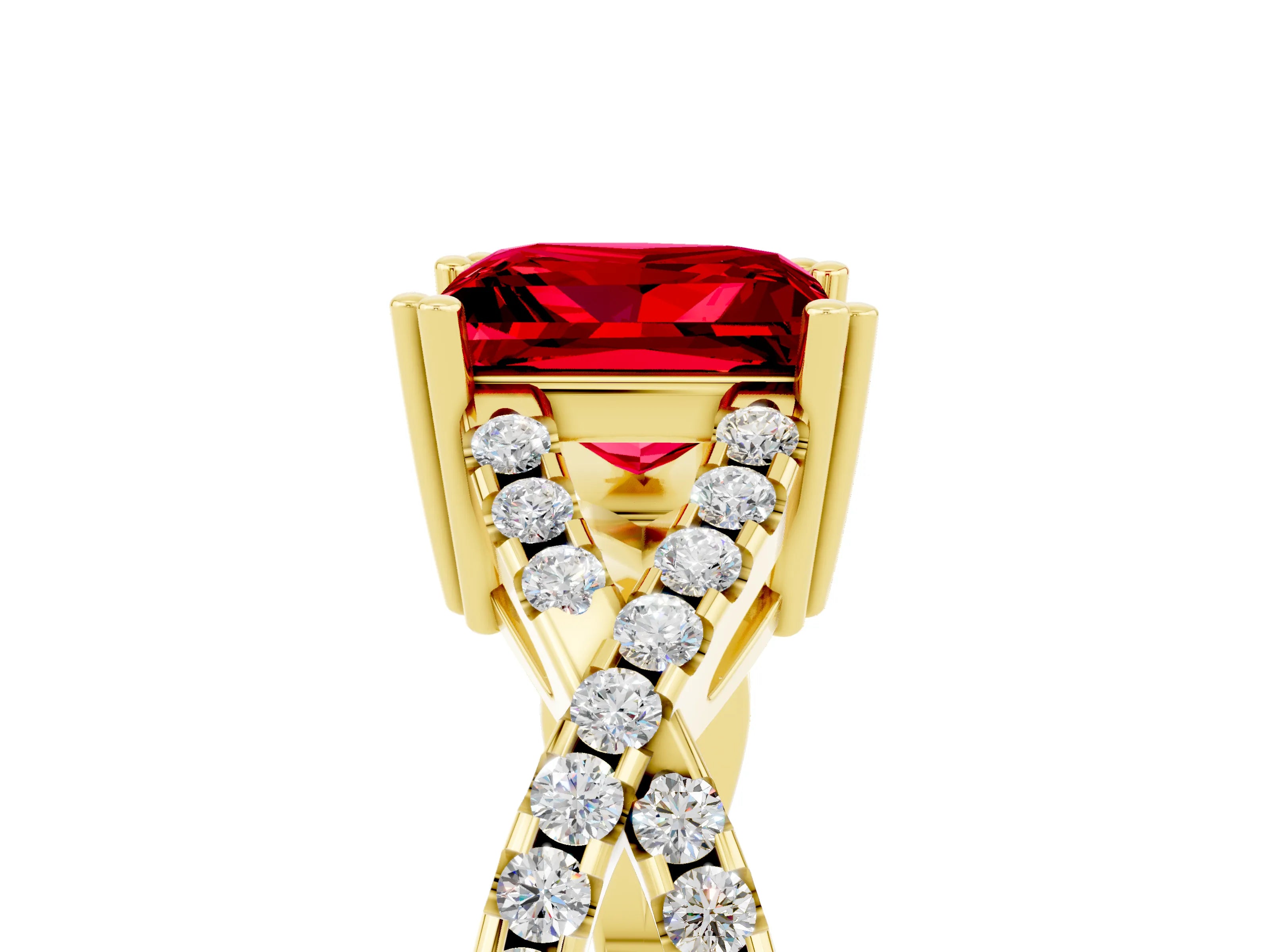 Yellow gold Princess Cut Ruby Solitaire Ring with Four-Prong Setting and Twisted Pavé Band_5