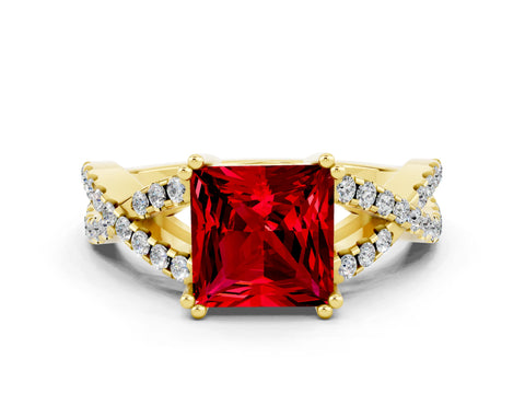 Yellow gold Princess Cut Ruby Solitaire Ring with Four-Prong Setting and Twisted Pavé Band