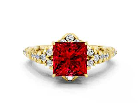 Yellow gold Princess Cut Ruby Solitaire Ring with Hidden Halo and Pavé Band_12