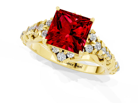Yellow gold Princess Cut Ruby Solitaire Ring with Hidden Halo and Pavé Band_13