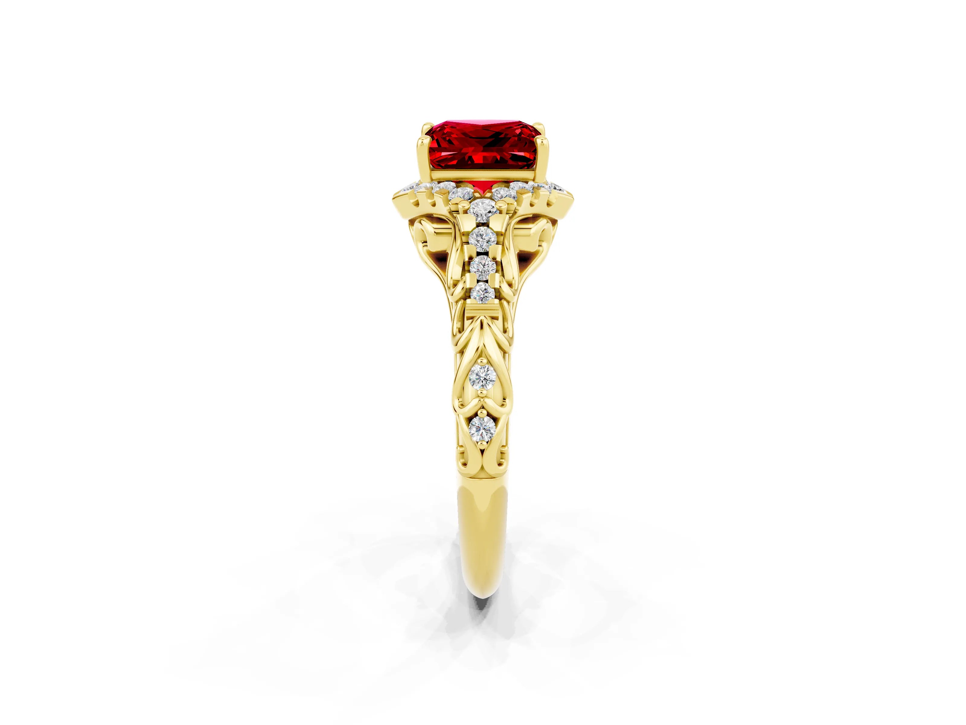 Yellow gold Princess Cut Ruby Solitaire Ring with Hidden Halo and Pavé Band_14