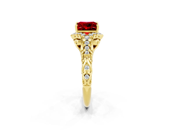 Yellow gold Princess Cut Ruby Solitaire Ring with Hidden Halo and Pavé Band