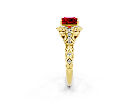 Yellow gold Princess Cut Ruby Solitaire Ring with Hidden Halo and Pavé Band_14