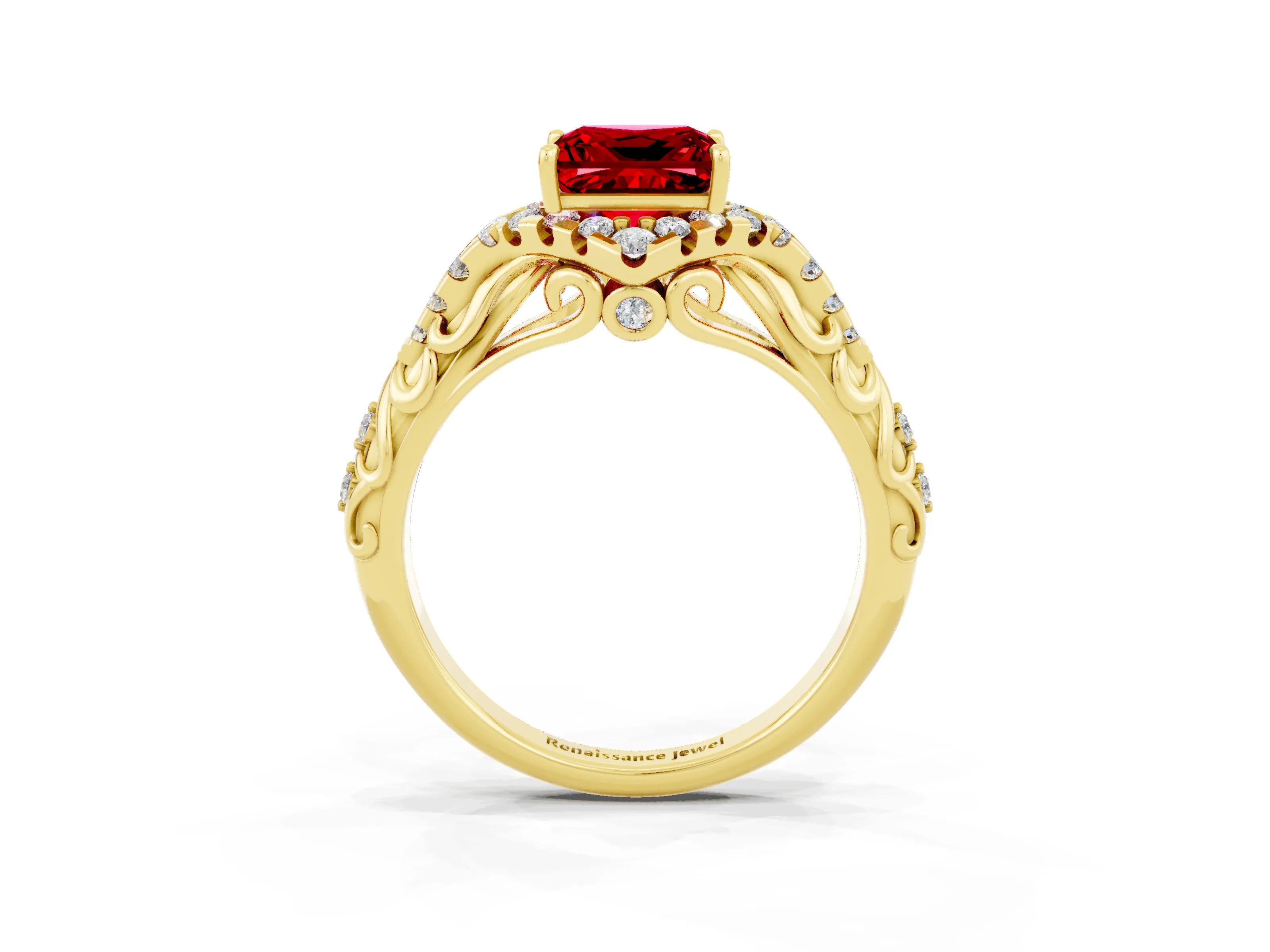 Yellow gold Princess Cut Ruby Solitaire Ring with Hidden Halo and Pavé Band_15