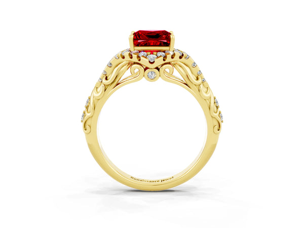 Yellow gold Princess Cut Ruby Solitaire Ring with Hidden Halo and Pavé Band