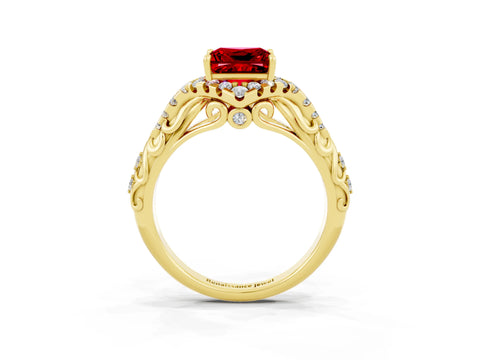 Yellow gold Princess Cut Ruby Solitaire Ring with Hidden Halo and Pavé Band_15