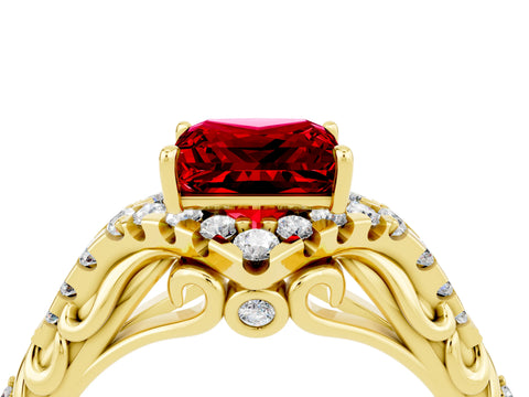 Yellow gold Princess Cut Ruby Solitaire Ring with Hidden Halo and Pavé Band_16