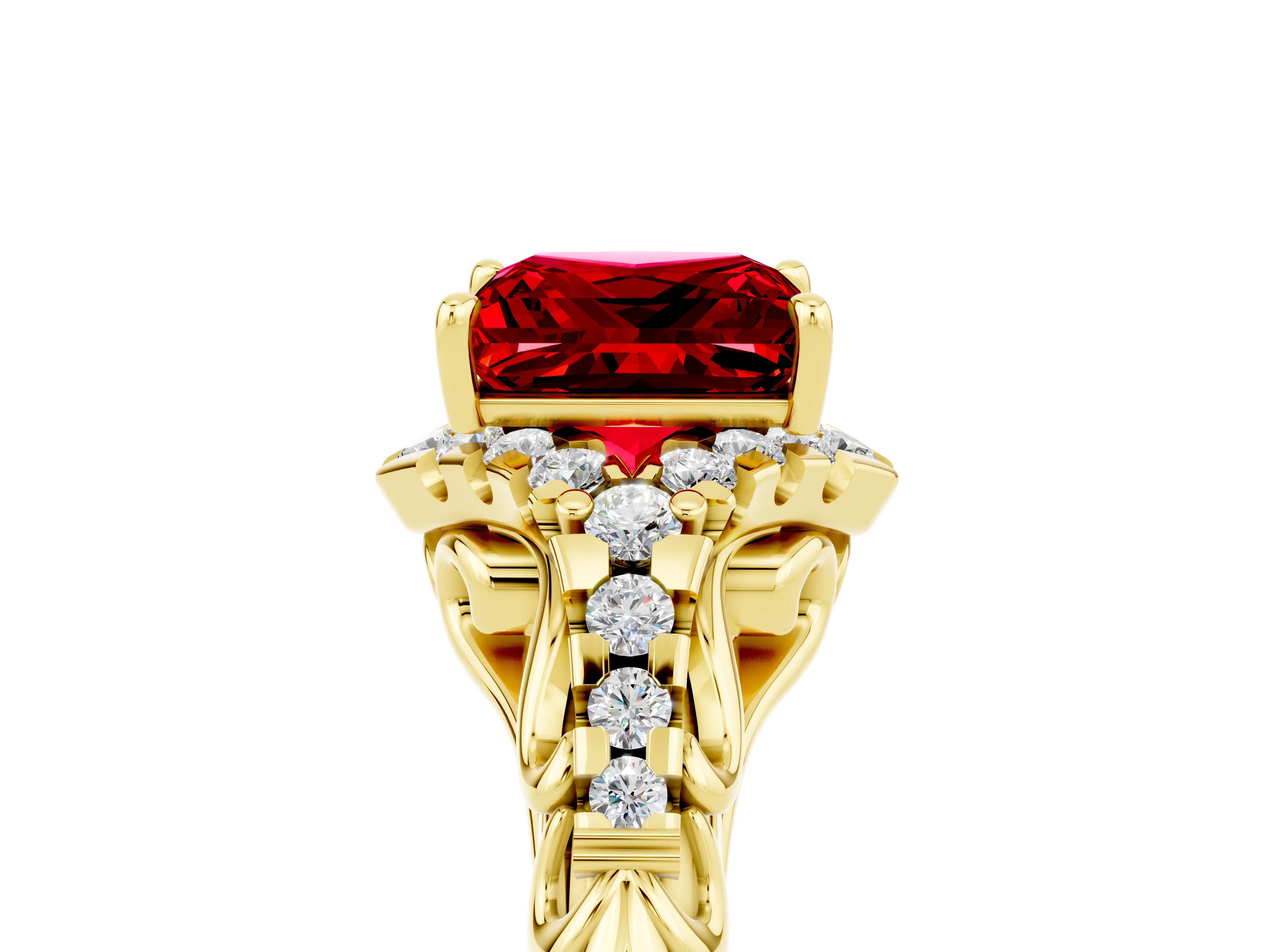 Yellow gold Princess Cut Ruby Solitaire Ring with Hidden Halo and Pavé Band_17