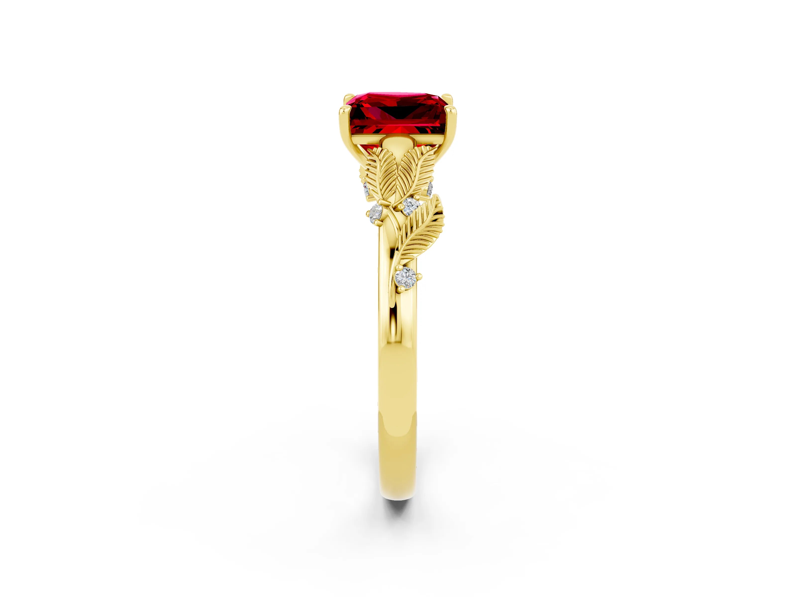 Yellow gold Princess Cut Ruby Solitaire Ring with Leaf Motif Band and Four-Prong Setting_2