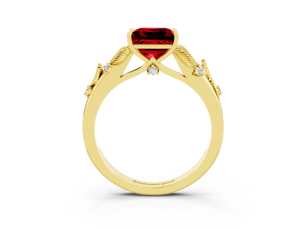 Yellow gold Princess Cut Ruby Solitaire Ring with Leaf Motif Band and Four-Prong Setting