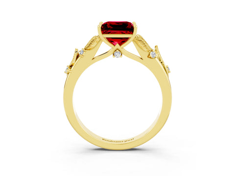 Yellow gold Princess Cut Ruby Solitaire Ring with Leaf Motif Band and Four-Prong Setting_3