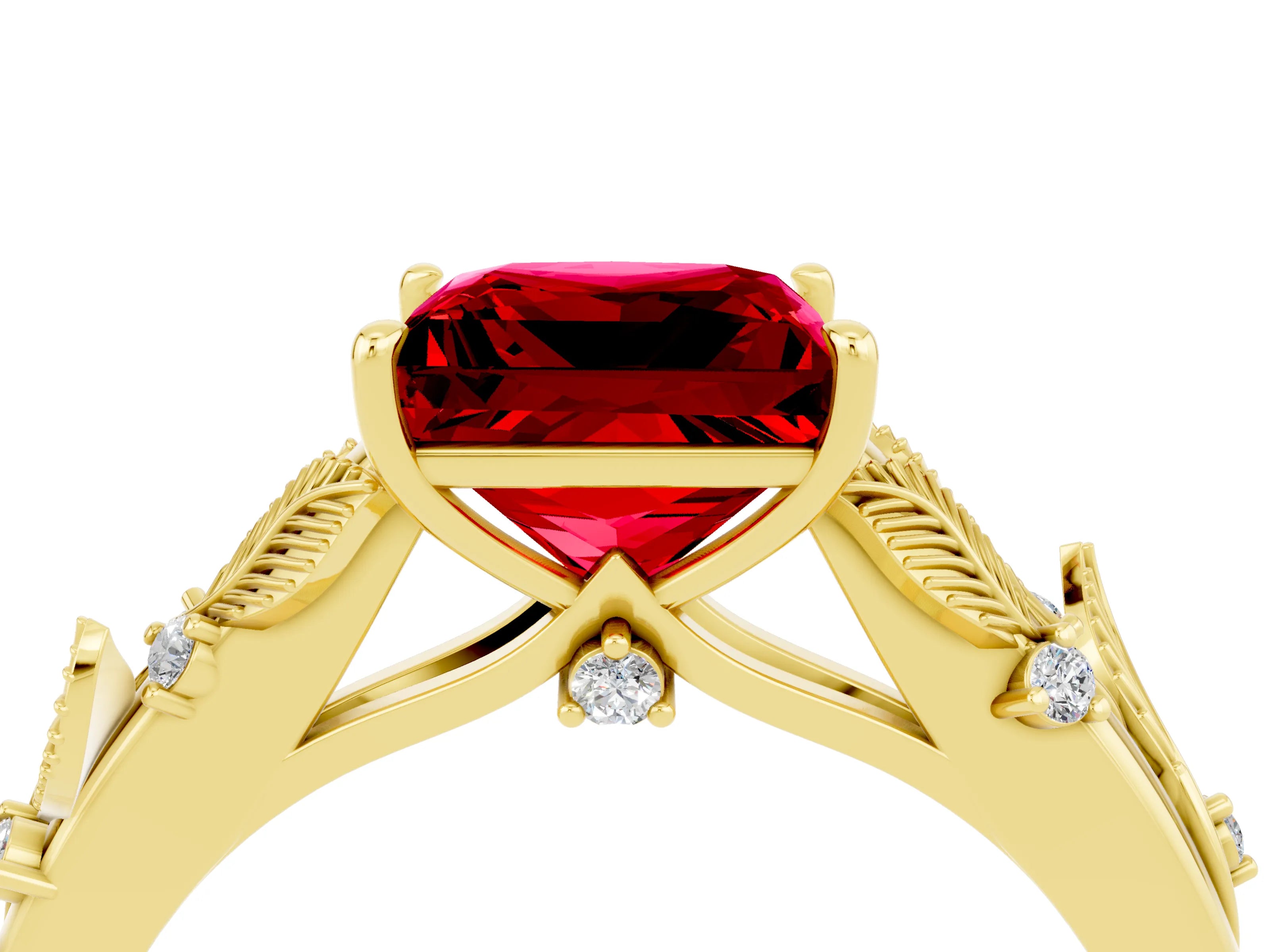Yellow gold Princess Cut Ruby Solitaire Ring with Leaf Motif Band and Four-Prong Setting_4