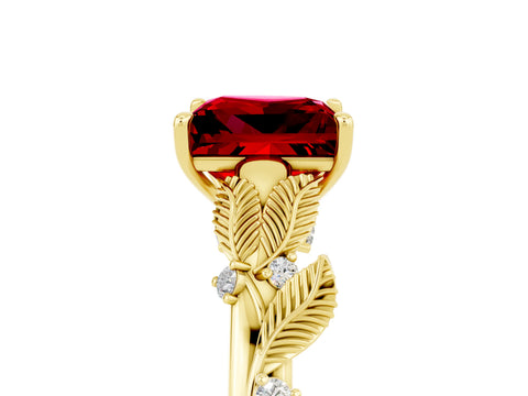 Yellow gold Princess Cut Ruby Solitaire Ring with Leaf Motif Band and Four-Prong Setting_5