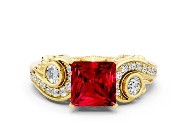 Yellow gold Princess Cut Ruby Solitaire Ring with Milgrain Pavé Band and Four-Prong Setting
