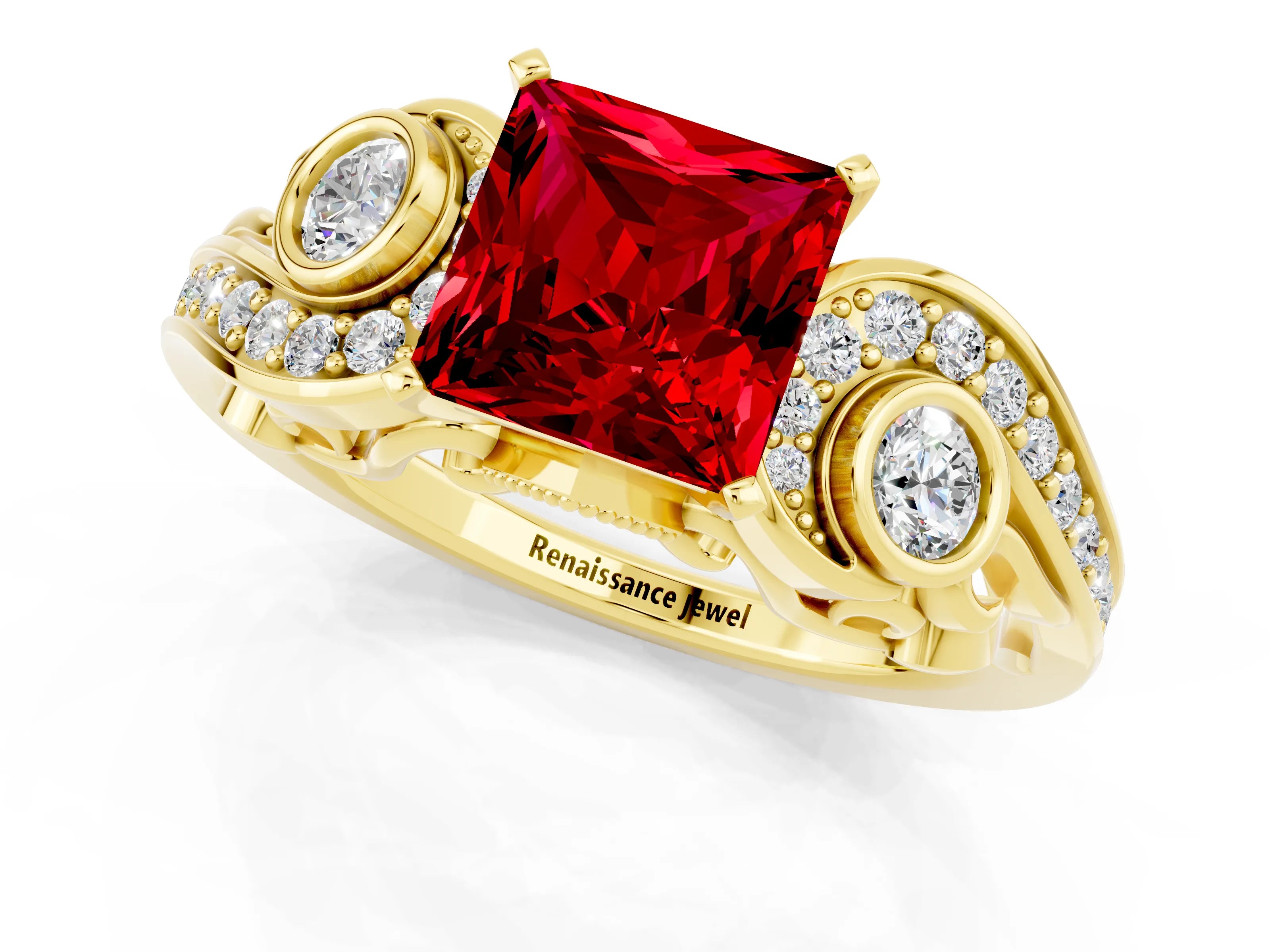 Yellow gold Princess Cut Ruby Solitaire Ring with Milgrain Pavé Band and Four-Prong Setting_25