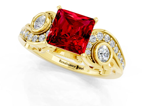 Yellow gold Princess Cut Ruby Solitaire Ring with Milgrain Pavé Band and Four-Prong Setting_25