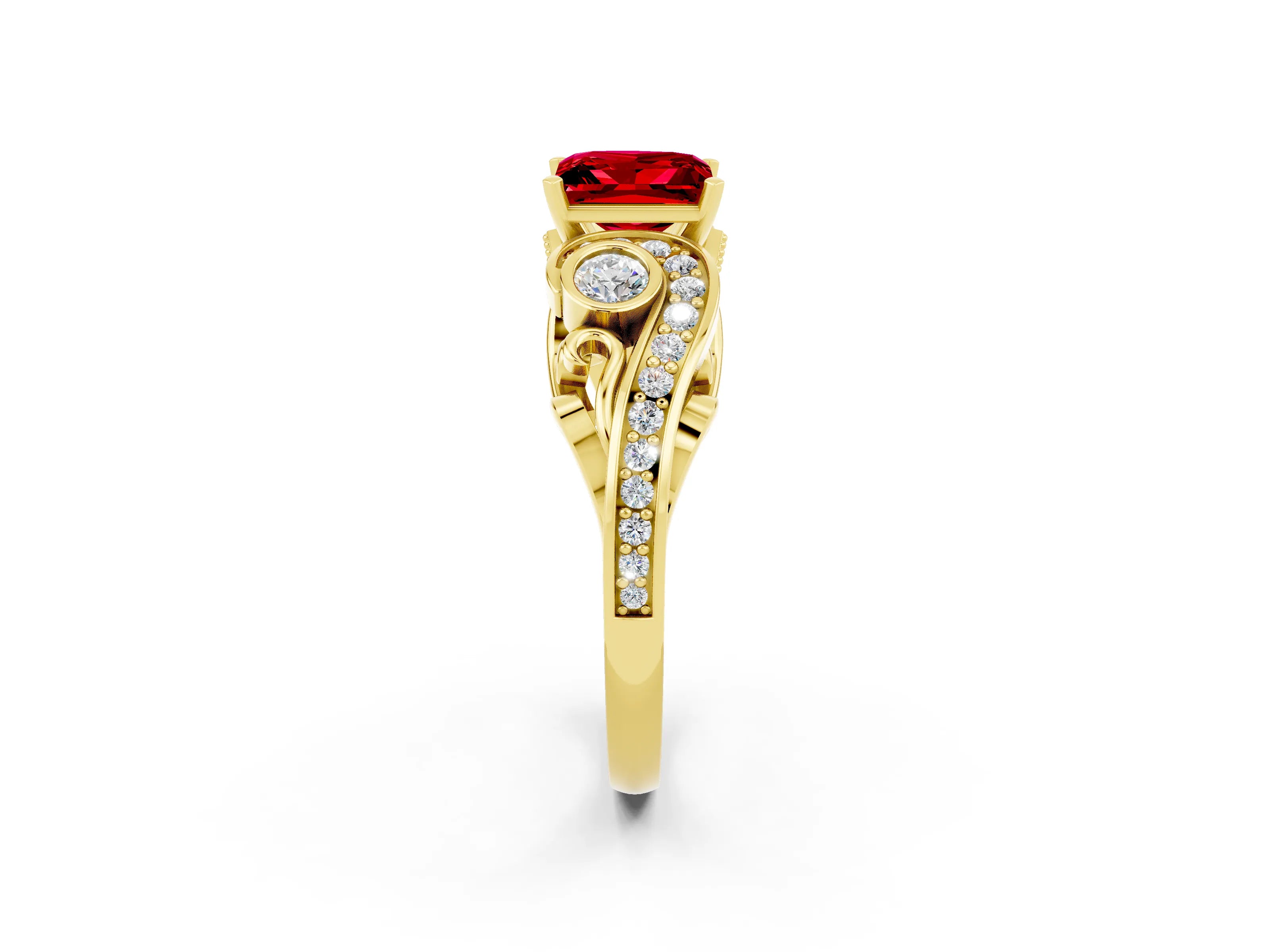 Yellow gold Princess Cut Ruby Solitaire Ring with Milgrain Pavé Band and Four-Prong Setting_26