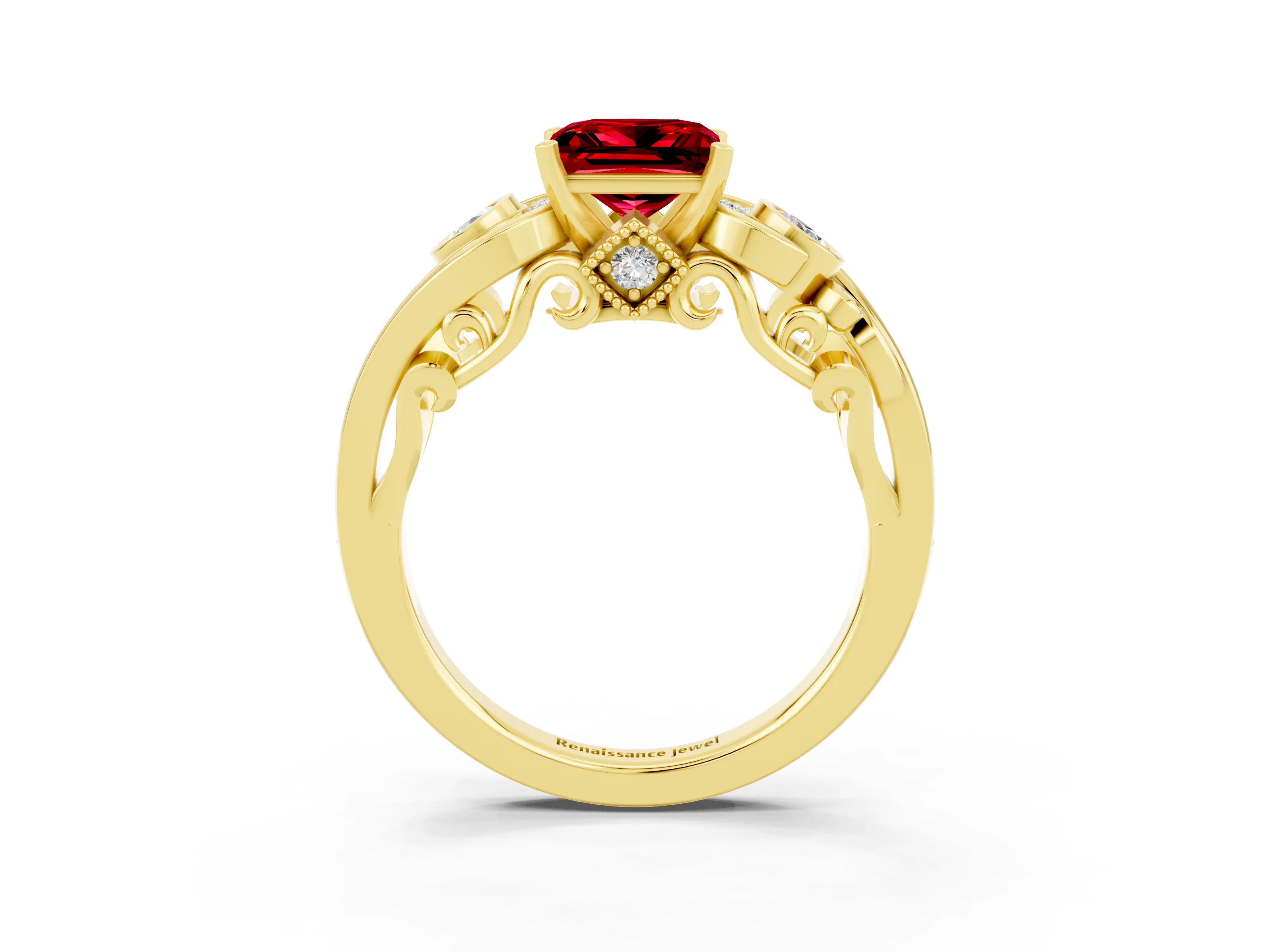 Yellow gold Princess Cut Ruby Solitaire Ring with Milgrain Pavé Band and Four-Prong Setting_27