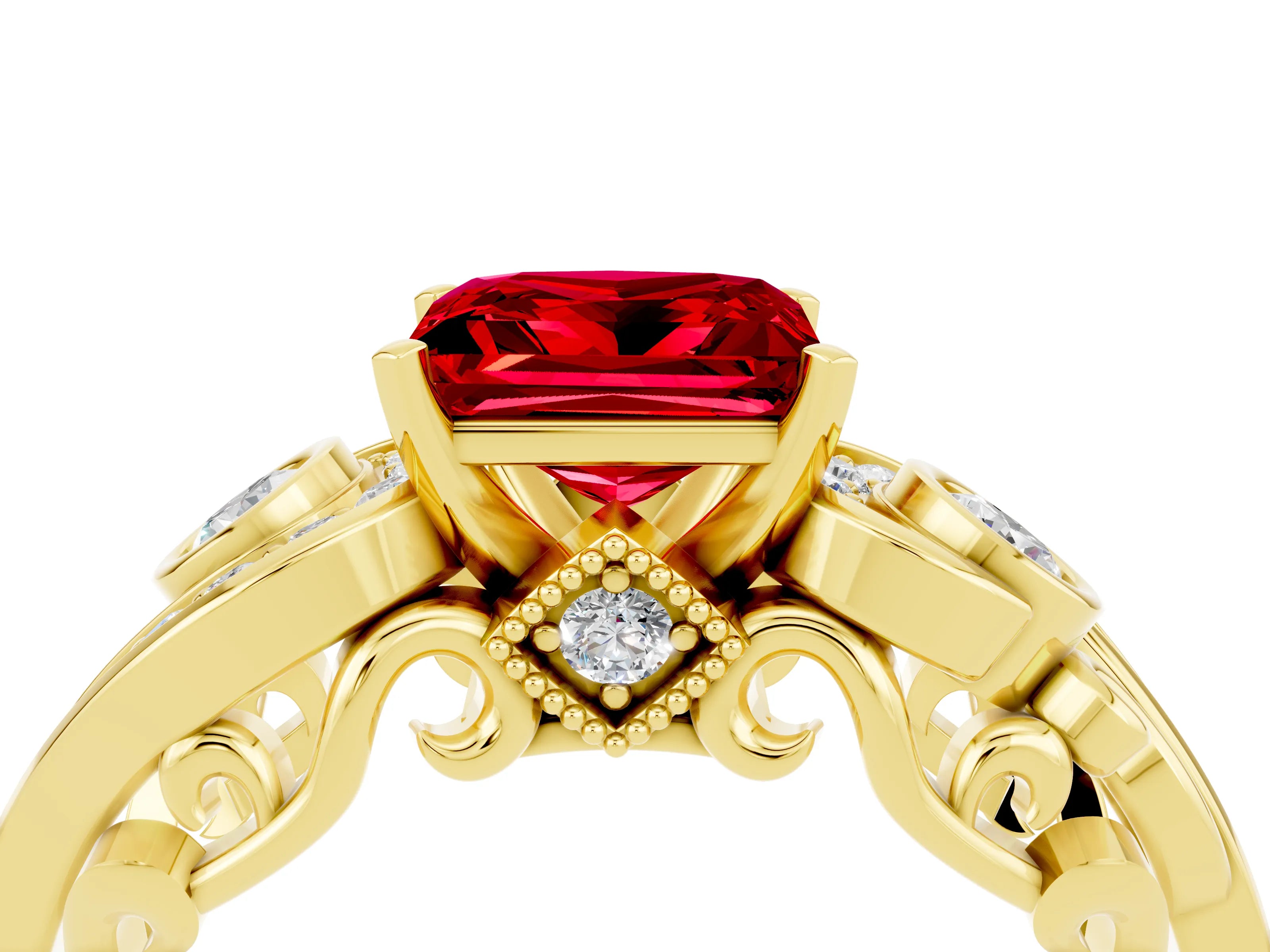 Yellow gold Princess Cut Ruby Solitaire Ring with Milgrain Pavé Band and Four-Prong Setting_28
